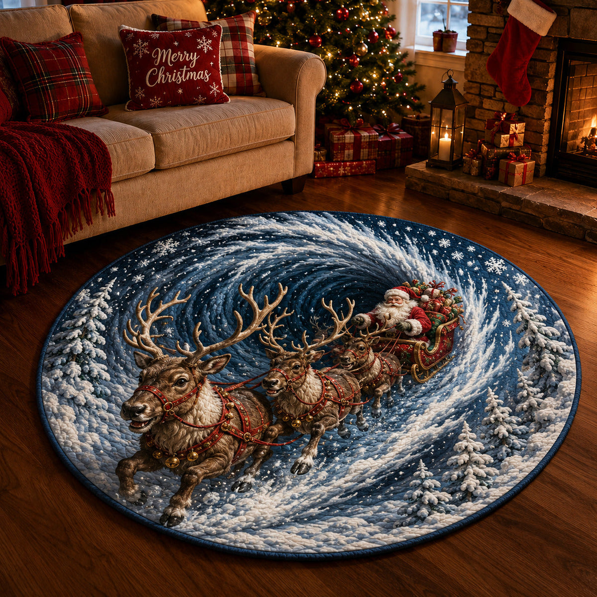Reindeer Snowstorm Sleigh Round Mat Rug - Non-Slip Washable Round Rug for Bedroom & Nursery