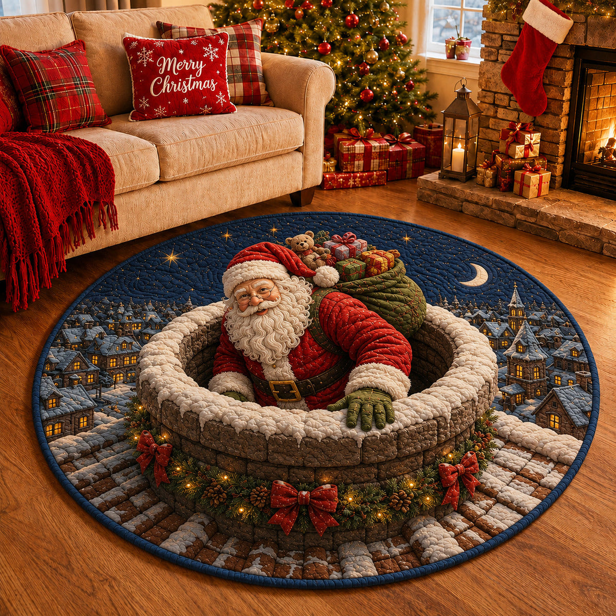 Santa Stone Well Night Round Mat Rug - Non-Slip Washable Round Rug for Bedroom & Nursery
