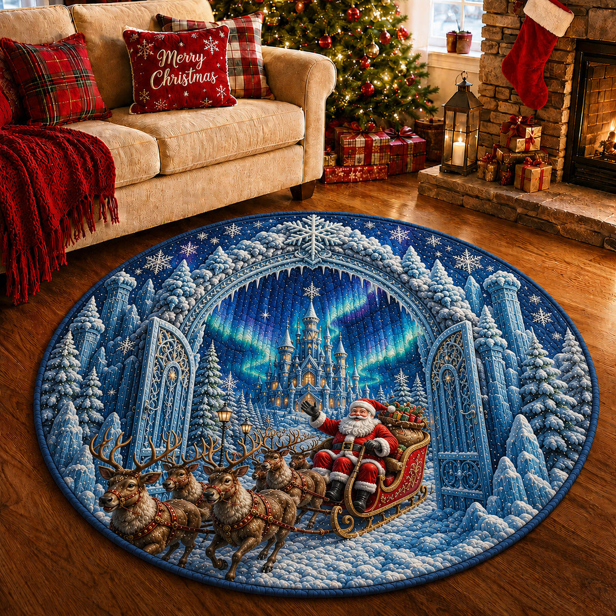 Aurora Ice Palace Sleigh Round Mat Rug - Non-Slip Washable Round Rug for Bedroom & Nursery