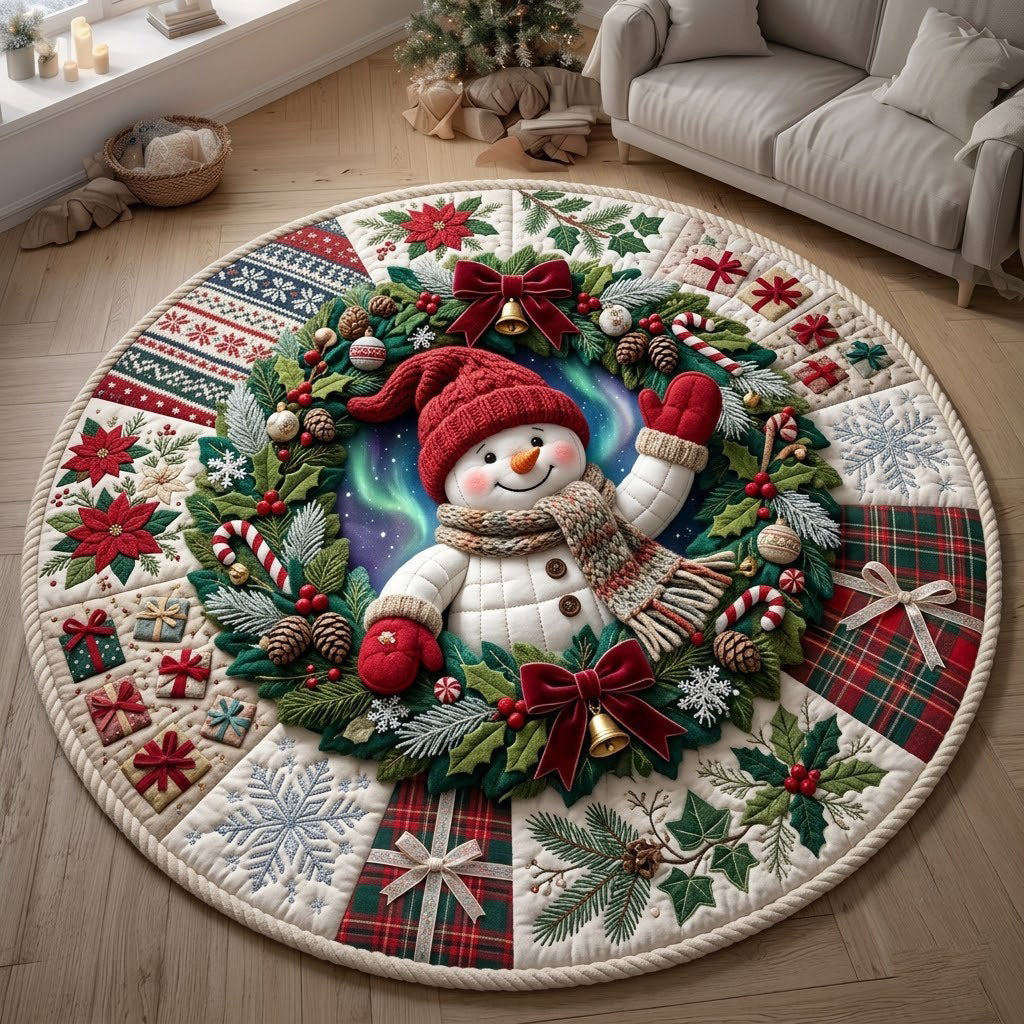 Aurora Wreath Snowman Round Mat Rug - Non-Slip Washable Round Rug for Bedroom & Nursery