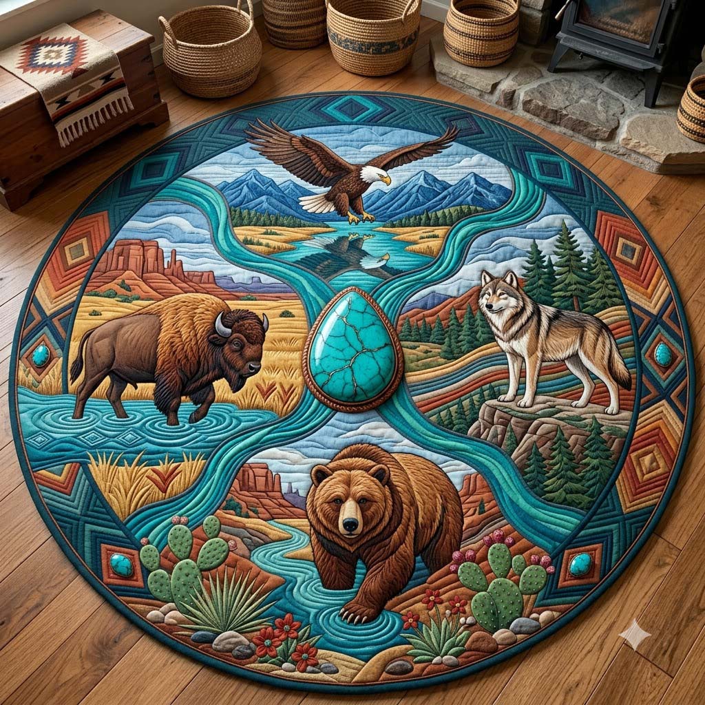 Canyon River Four Animals Round Mat Rug - Non-Slip Washable Round Rug for Bedroom & Nursery