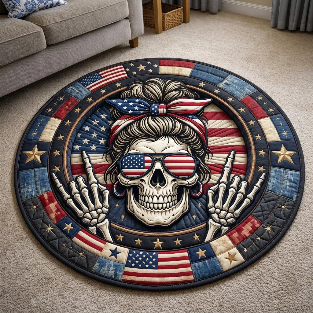 Patriotic Messy Bun Skull Round Mat Rug - Non-Slip Washable Round Rug for Bedroom & Nursery