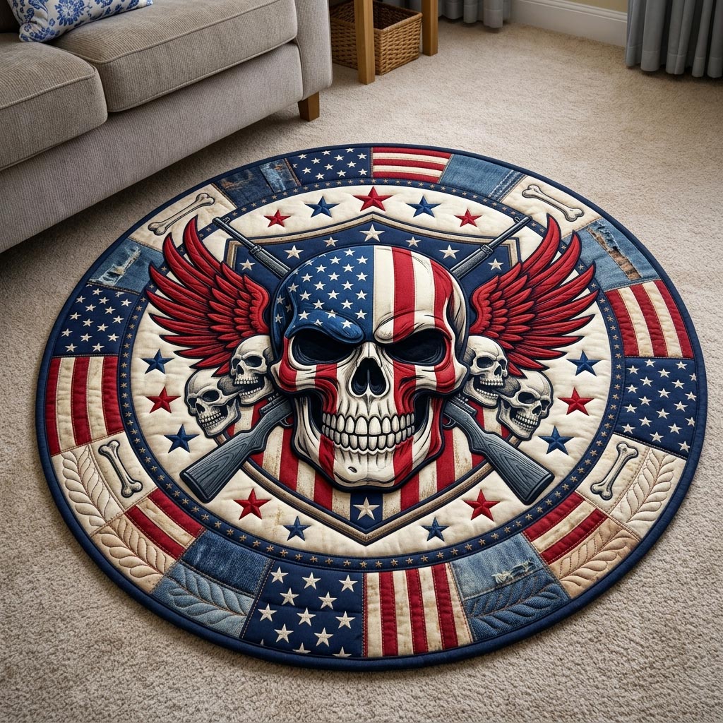 Winged Patriot Skull Banner Round Mat Rug - Non-Slip Washable Round Rug for Bedroom & Nursery
