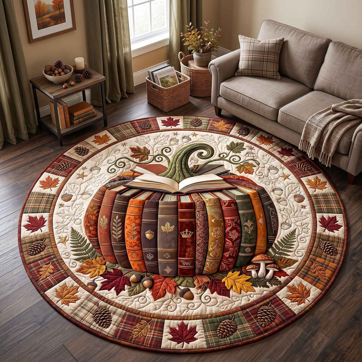 Autumn Book Stack Pumpkin Round Mat Rug - Non-Slip Washable Round Rug for Bedroom & Nursery