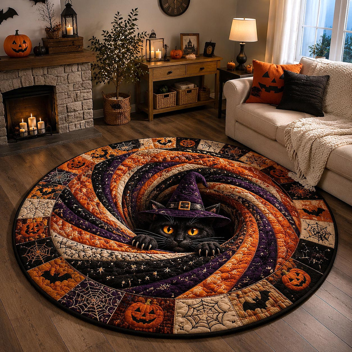 Witch Hat Cat Swirl Round Mat Rug - Non-Slip Washable Round Rug for Bedroom & Nursery
