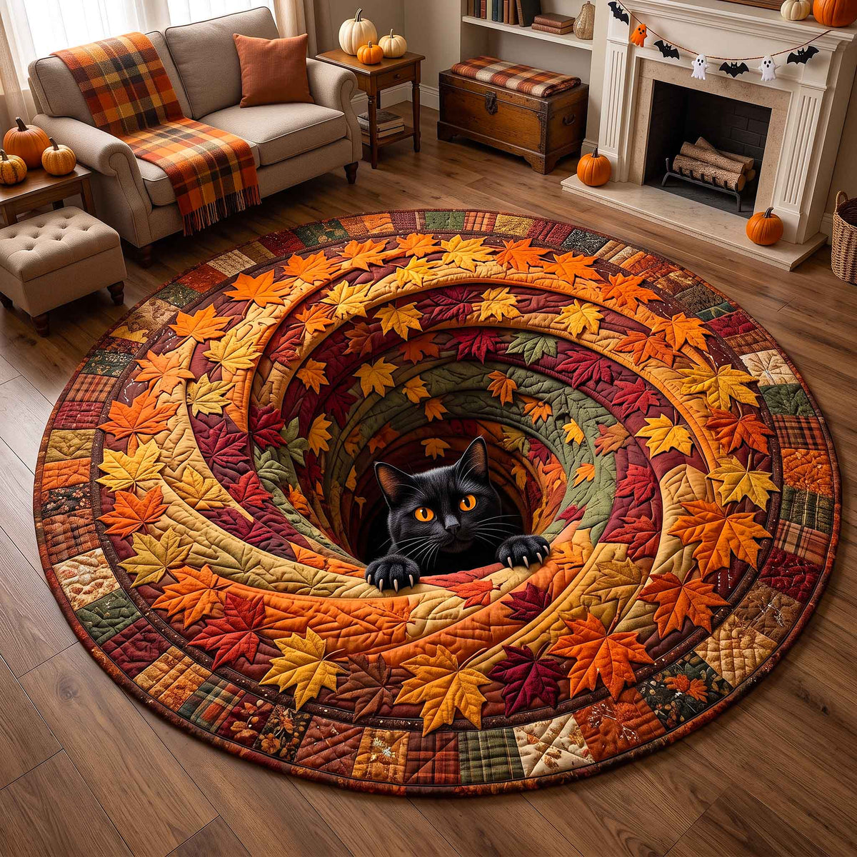 Autumn Leaf Vortex Cat Round Mat Rug - Non-Slip Washable Round Rug for Bedroom & Nursery