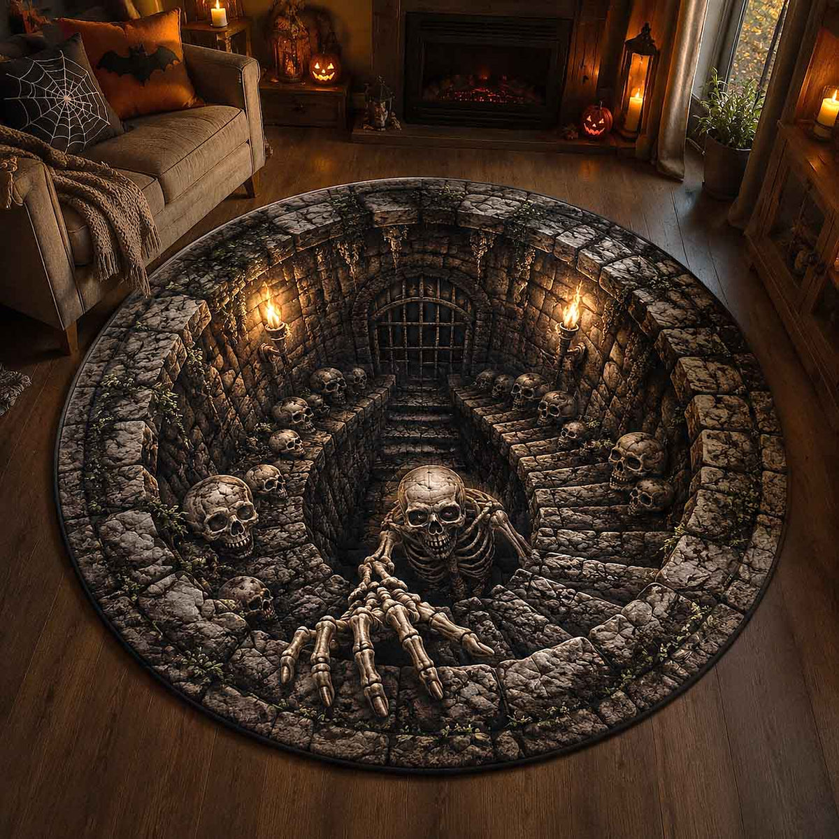 Stone Crypt Skeleton Hands Round Mat Rug - Non-Slip Washable Round Rug for Bedroom & Nursery