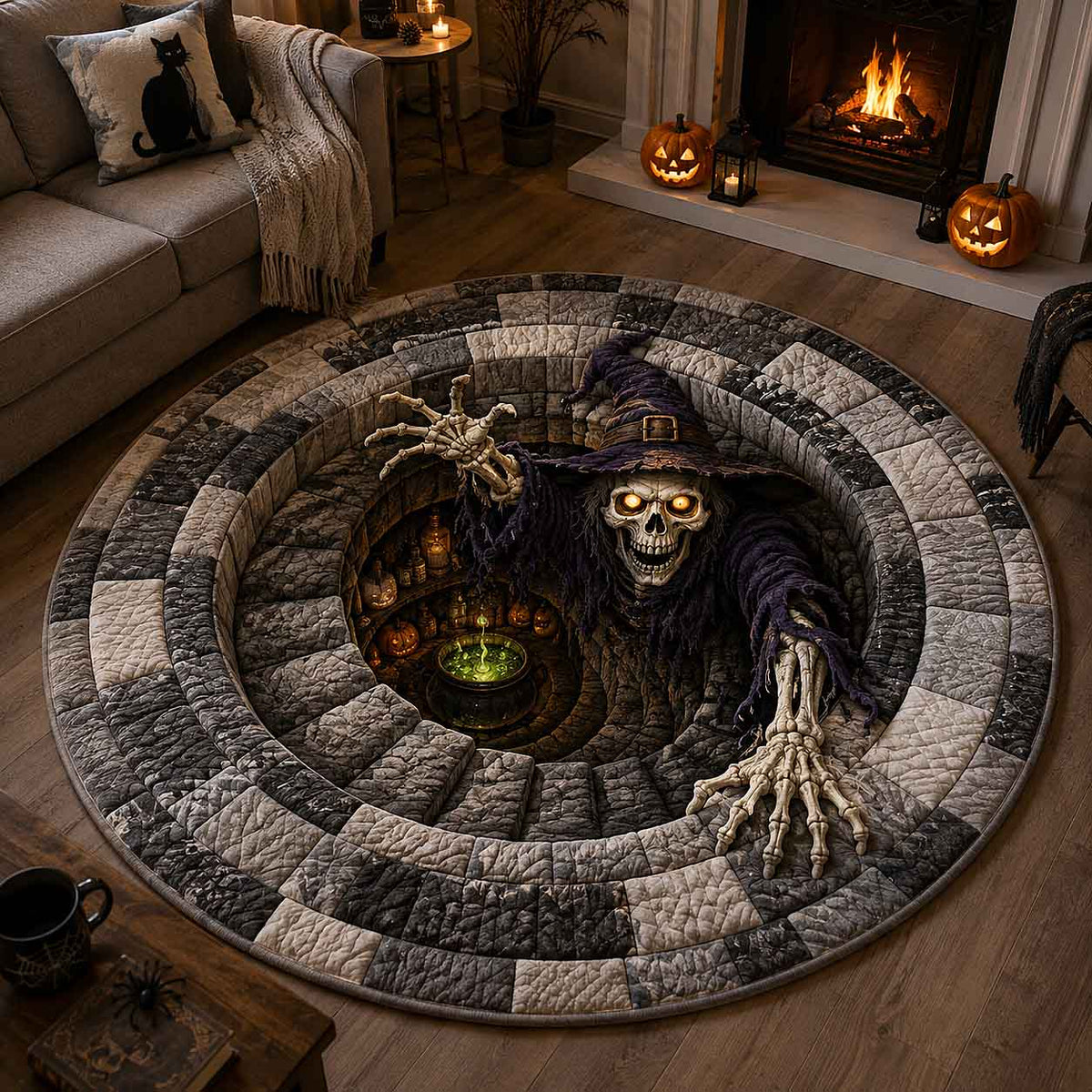 Skeleton Witch Green Cauldron Round Mat Rug - Non-Slip Washable Round Rug for Bedroom & Nursery