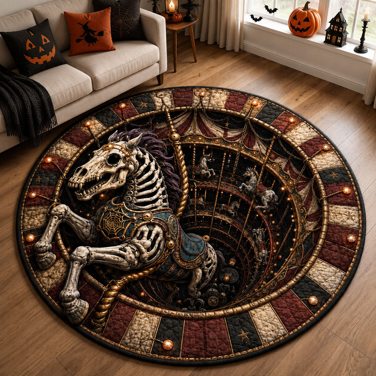 Skeleton Carousel Horse Round Mat Rug - Non-Slip Washable Round Rug for Bedroom & Nursery