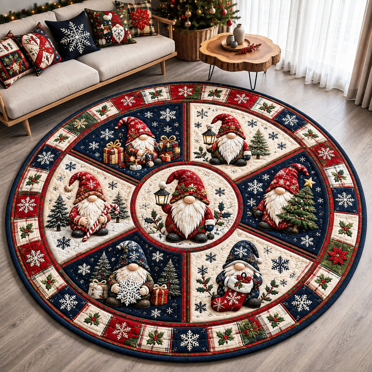 Gnome Wheel Snowflake Quilt Round Mat Rug - Non-Slip Washable Round Rug for Bedroom & Nursery