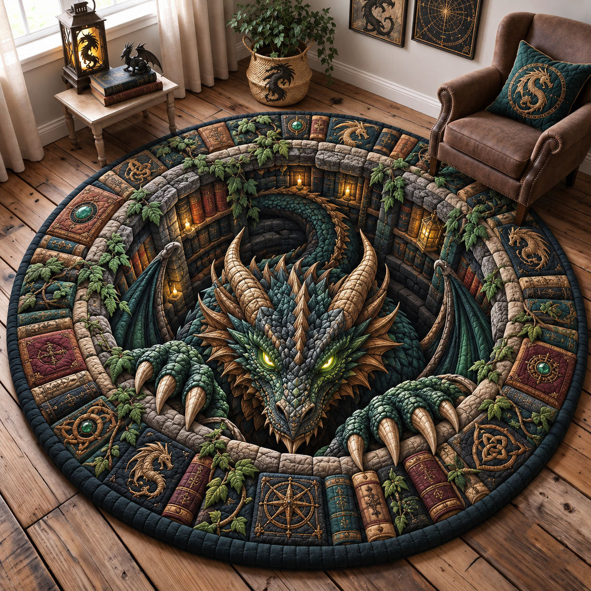 Dragon Library Round Mat Rug - Cute Animal Design | Charming Home Decor