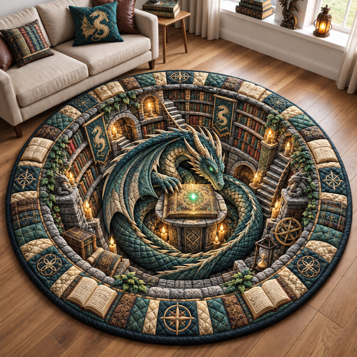 Dragon Mystic Library Round Mat Rug - Cute Animal Design | Charming Home Decor