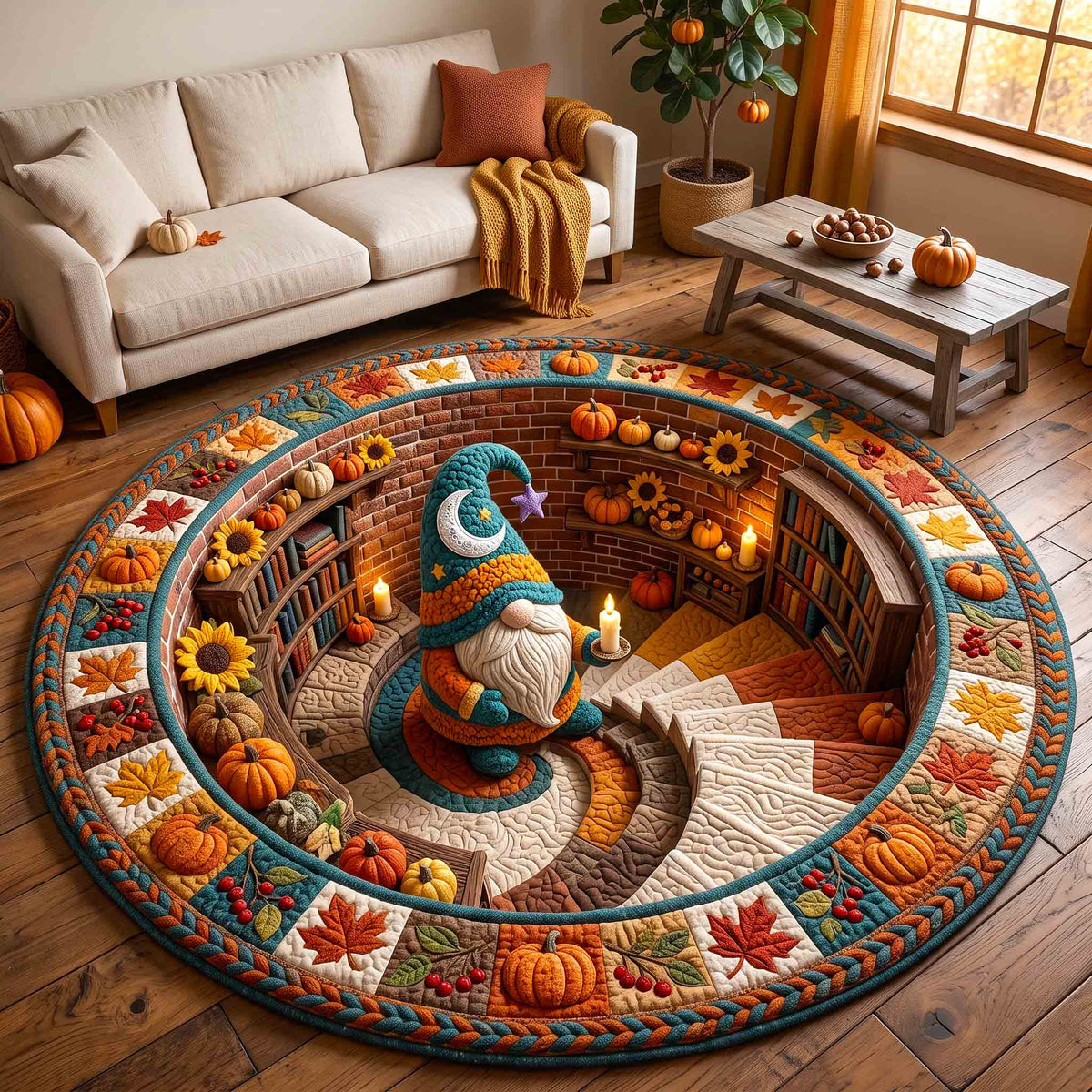 Fall Gnome Round Mat Rug - Nature Design | Nature Round Carpet