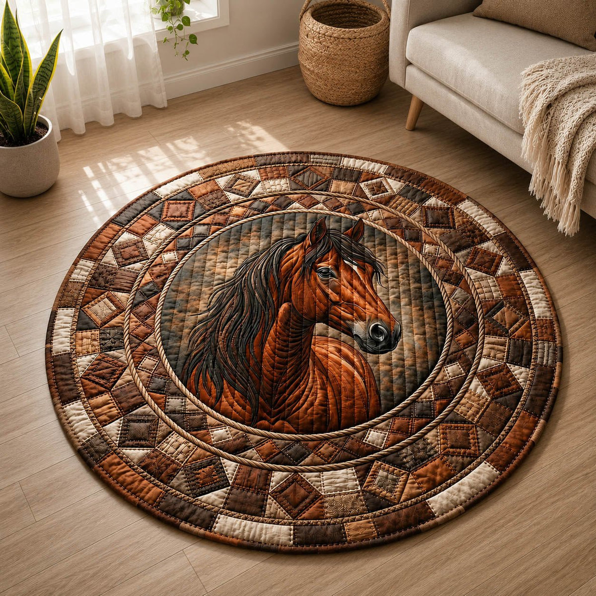 Farmhouse Horse Round Mat Rug - Non-Slip Washable Round Area Rug for Bedroom & Living Room (Design 6)