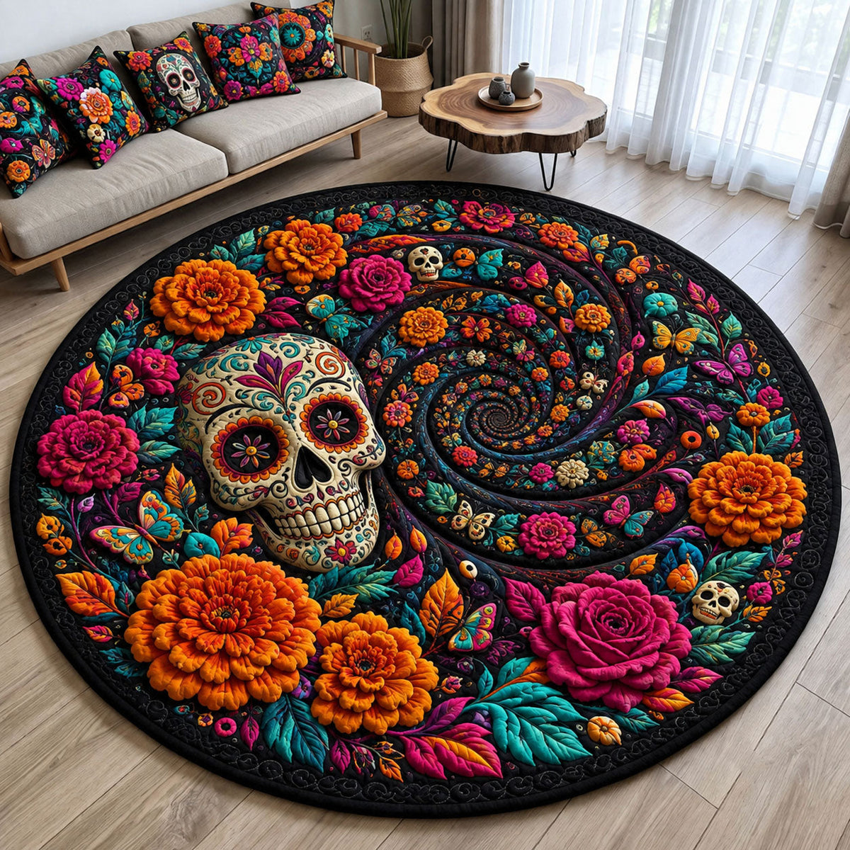 Floral Sugar Skull Spiral Round Mat Rug - Nature Design | Serene Home Decor
