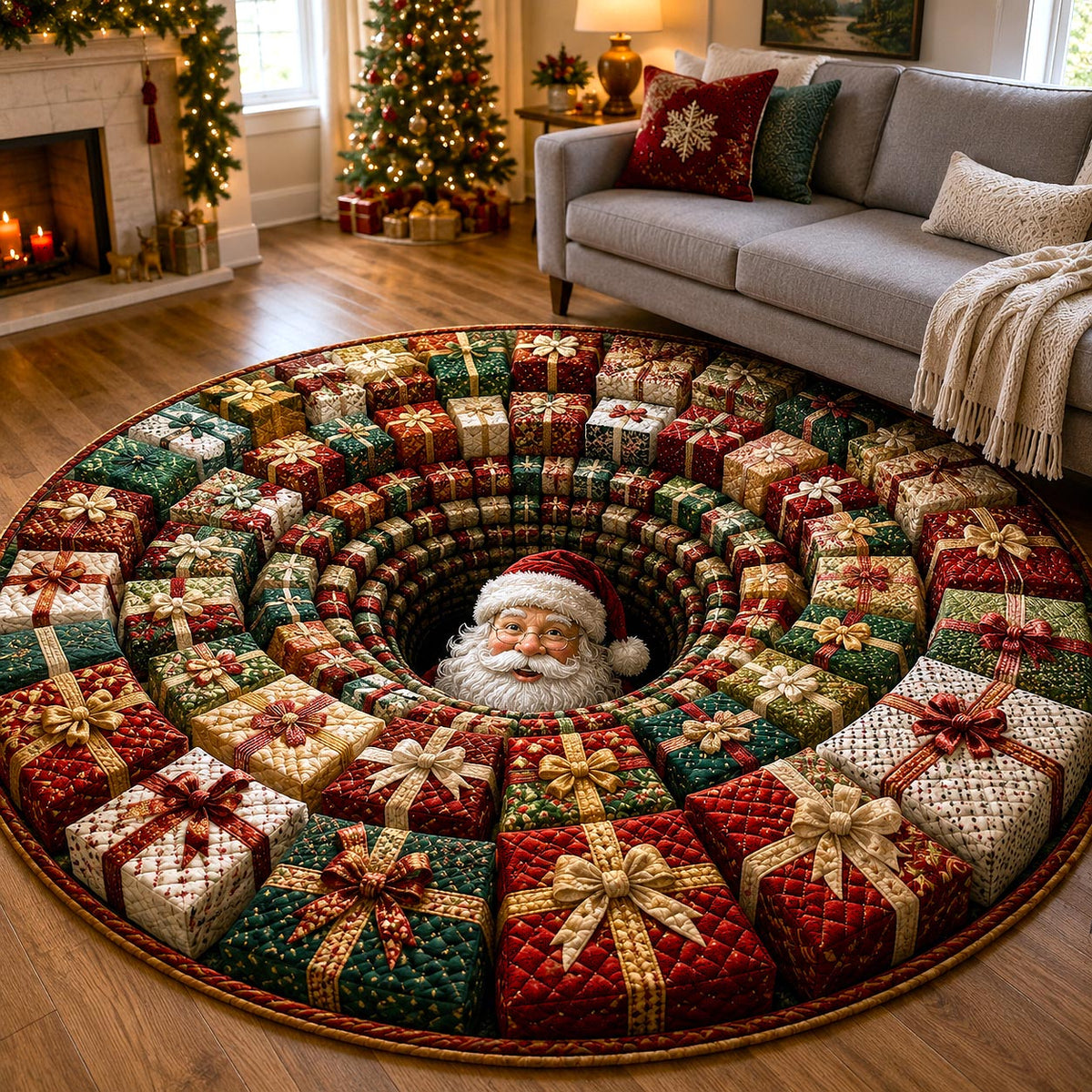 Gift Vortex Santa Round Mat Rug - Seasonal Design | Festive Home Decor
