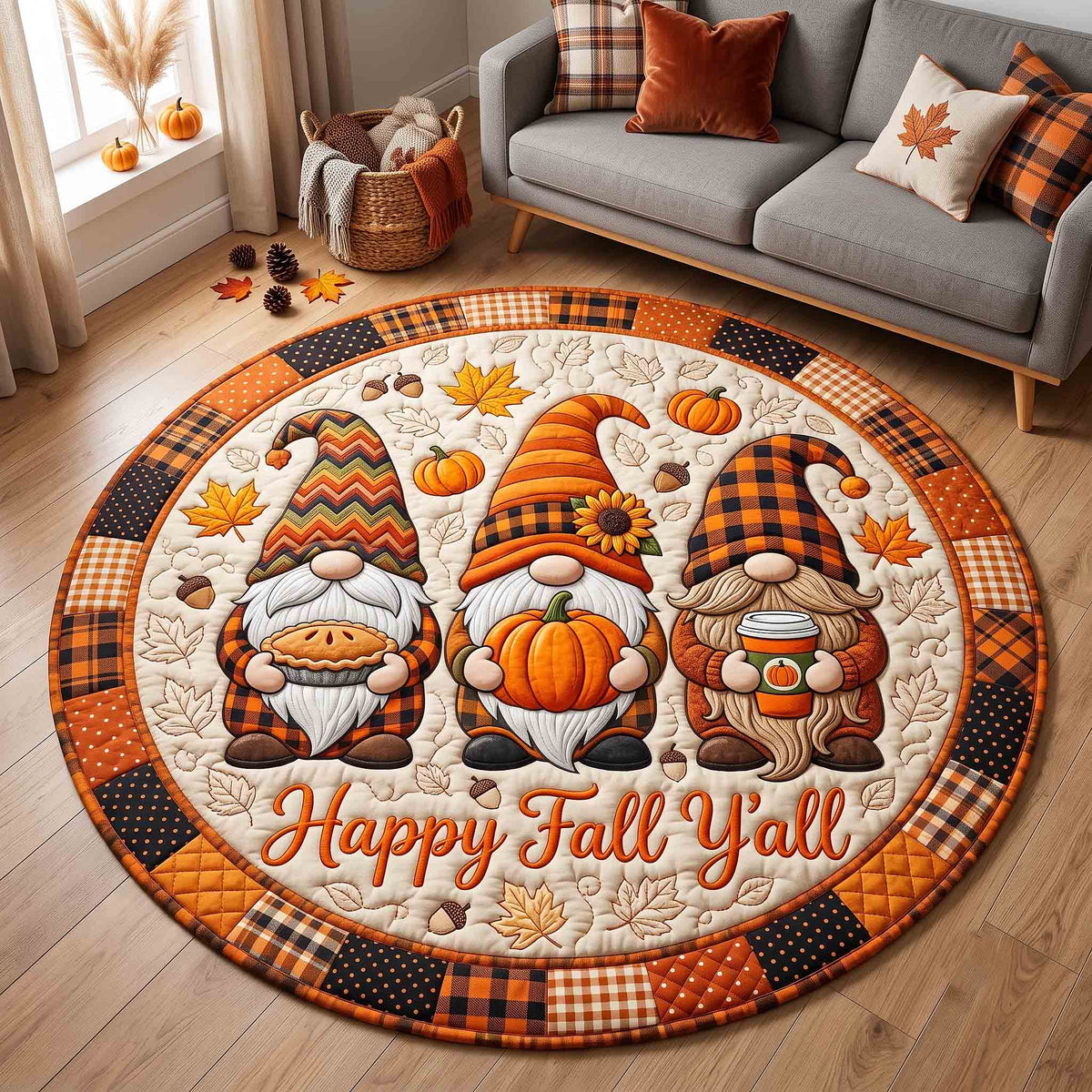 Happy Fall Gnomes Round Mat Rug - Nature Design | Serene Home Decor