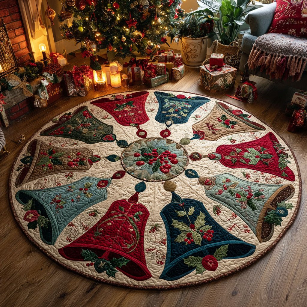 Holiday Bells Christmas Round Mat Rug - Non-Slip Washable Round Area Rug for Bedroom & Living Room (Design 2)