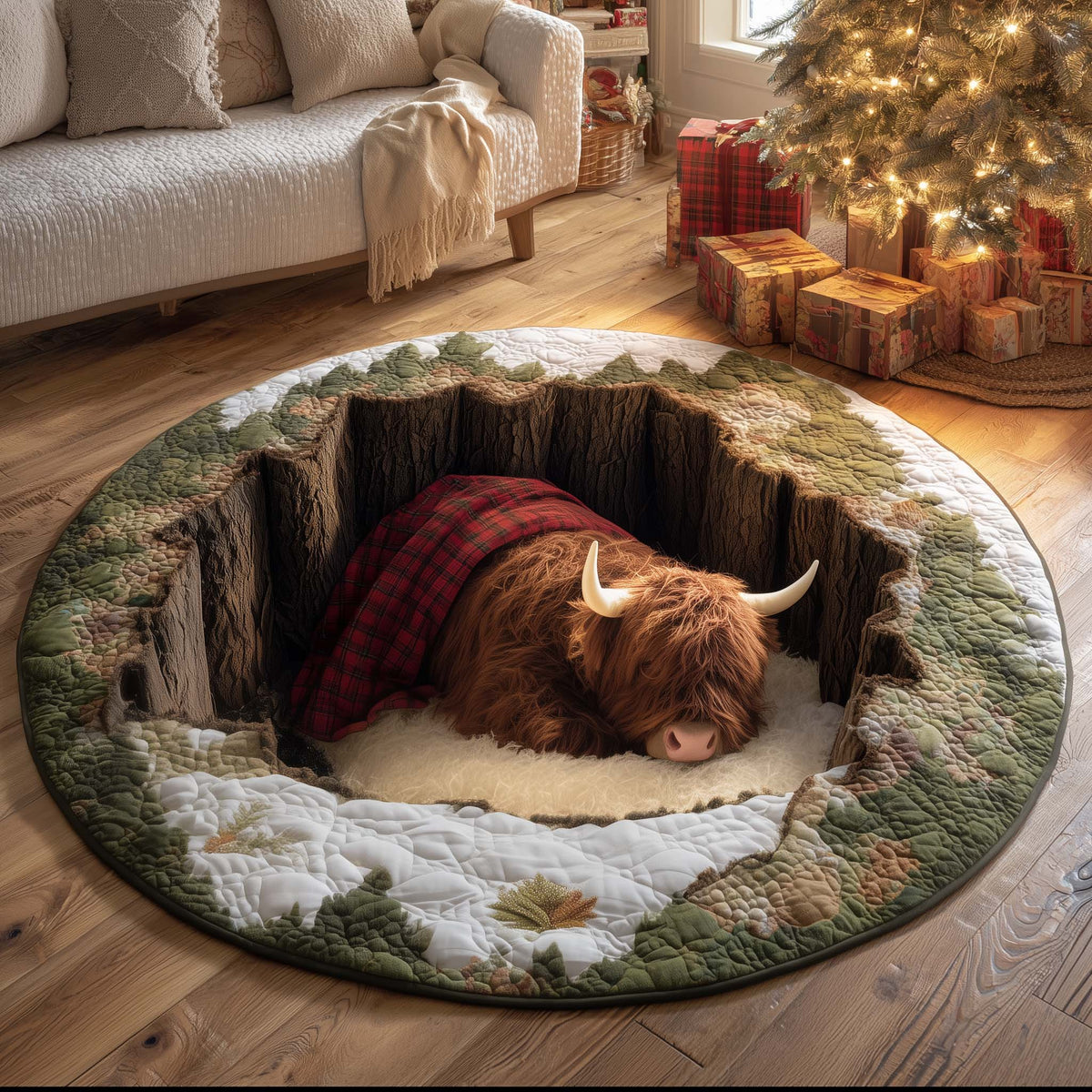 Holiday Farmstead Christmas Round Mat Rug - Non-Slip Washable Round Area Rug for Bedroom & Living Room (Design 5)