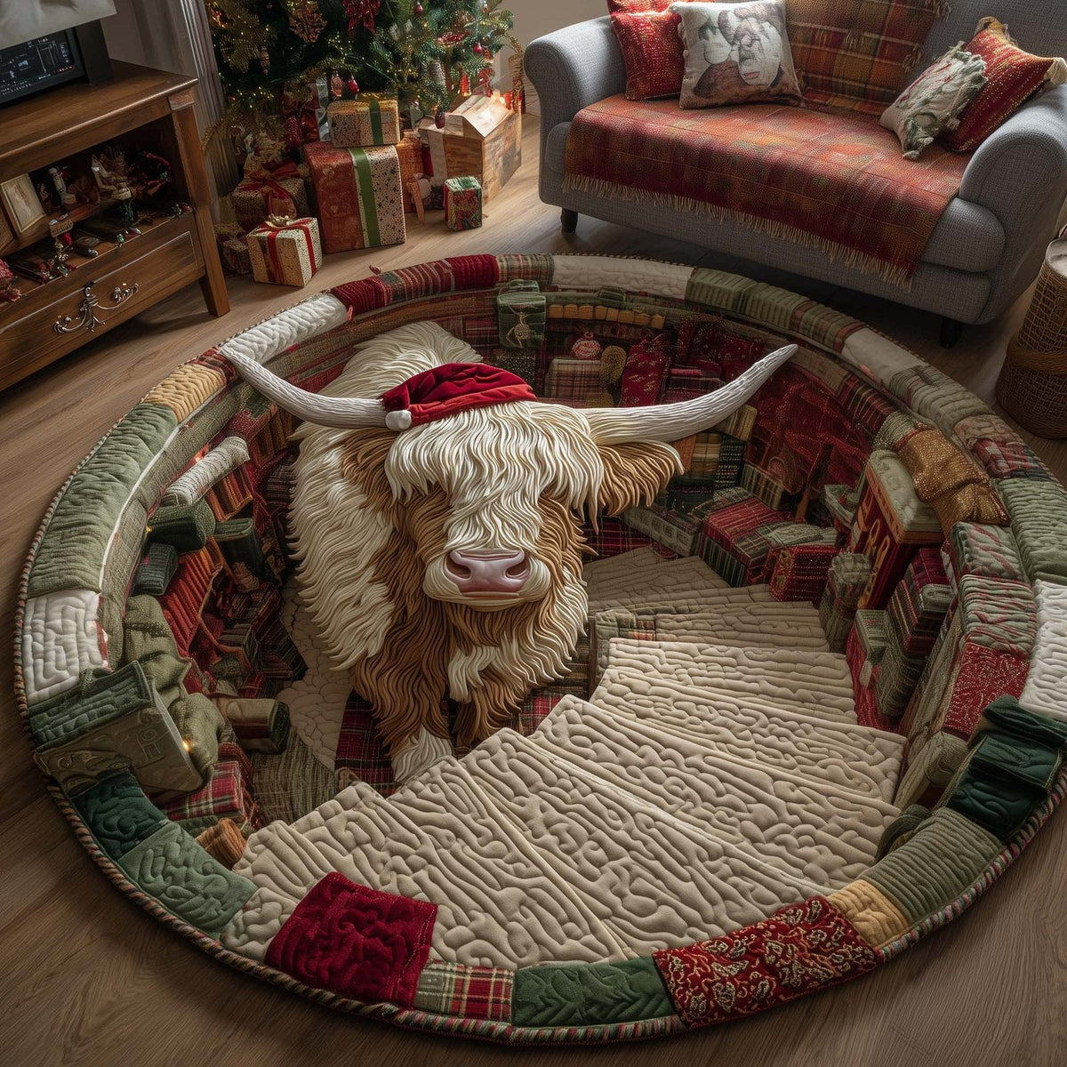 Holiday Farmstead Christmas Round Mat Rug - Non-Slip Washable Round Area Rug for Bedroom & Living Room (Design 16)