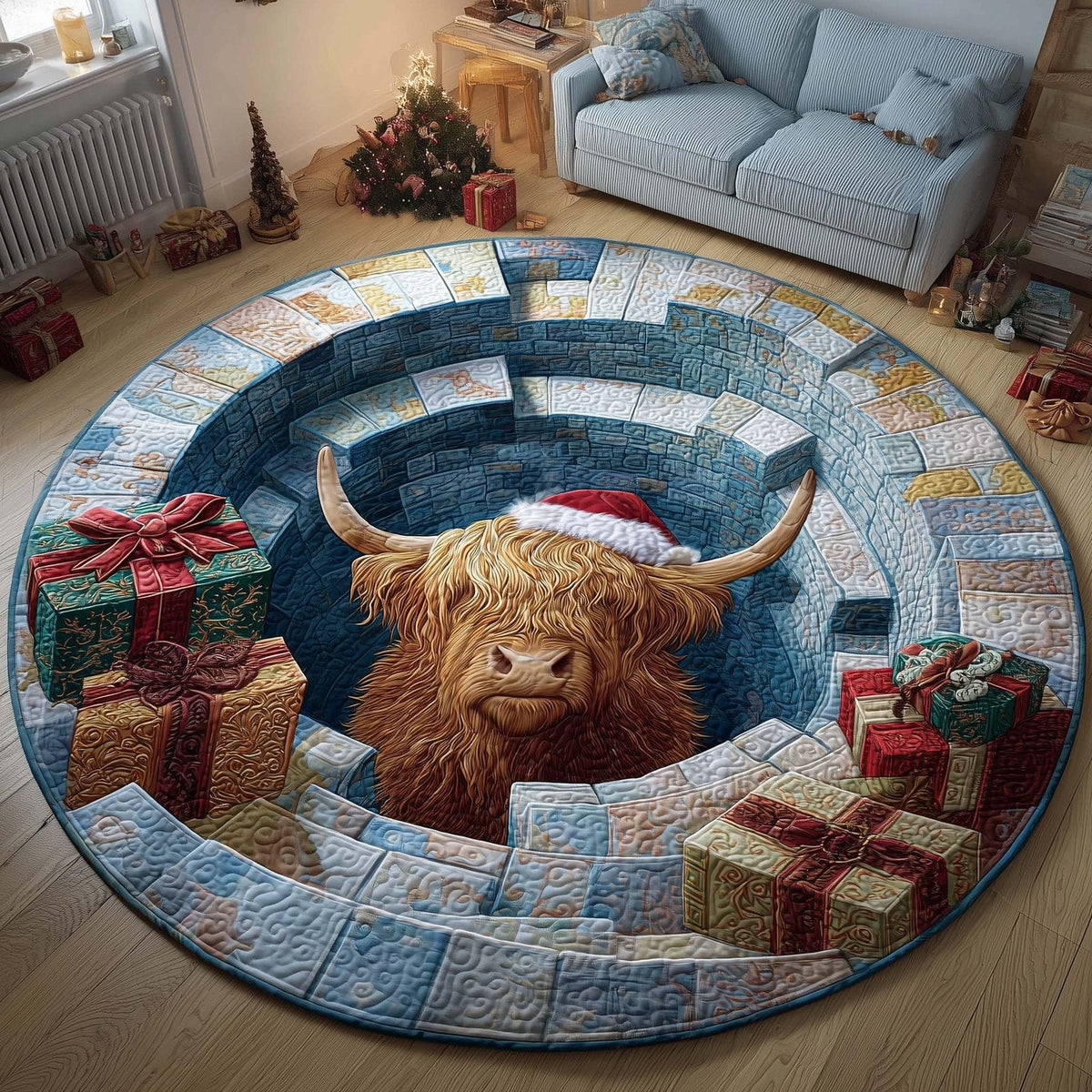 Holiday Farmstead Christmas Round Mat Rug - Non-Slip Washable Round Area Rug for Bedroom & Living Room (Design 8)