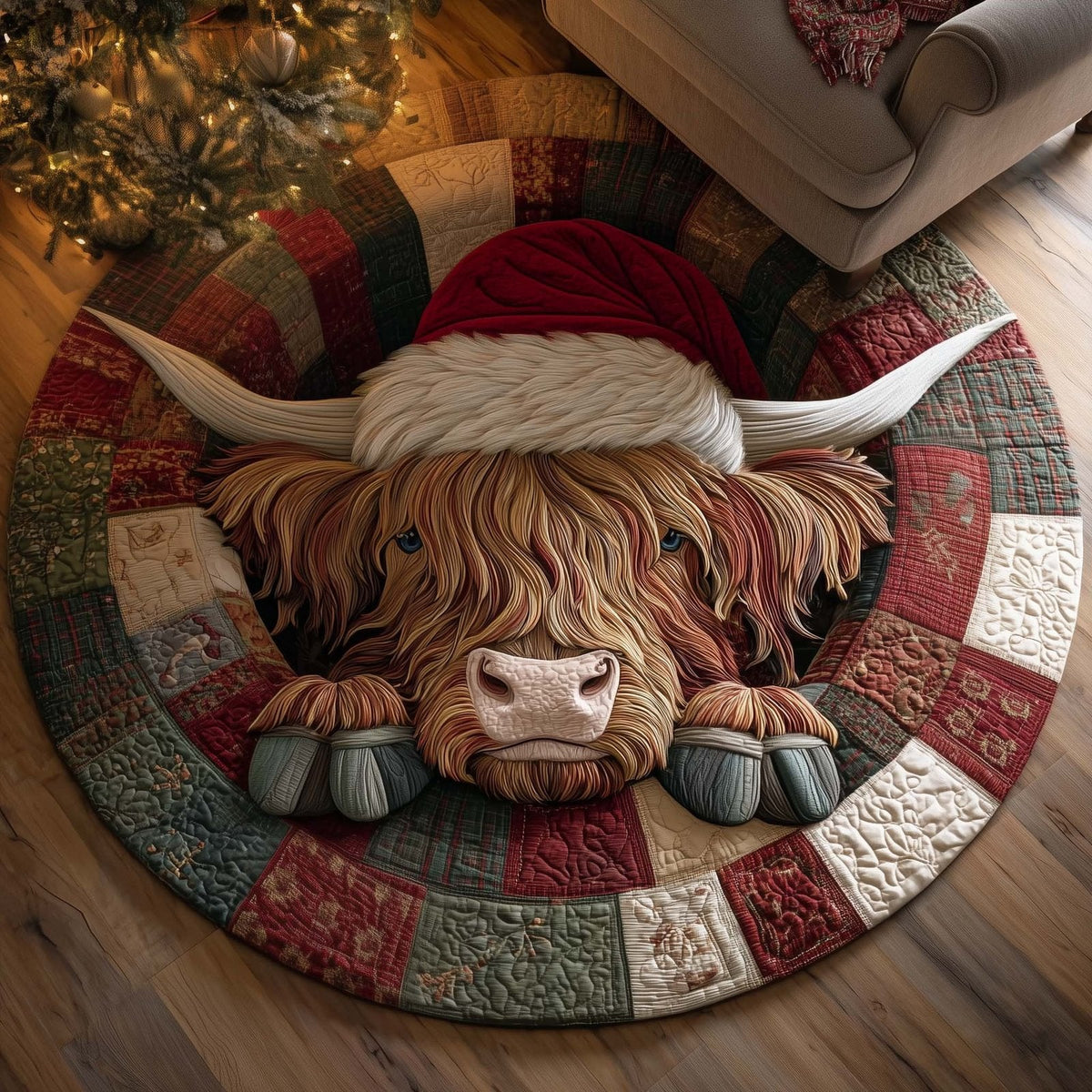 Holiday Farmstead Christmas Round Mat Rug - Non-Slip Washable Round Area Rug for Bedroom & Living Room (Design 7)