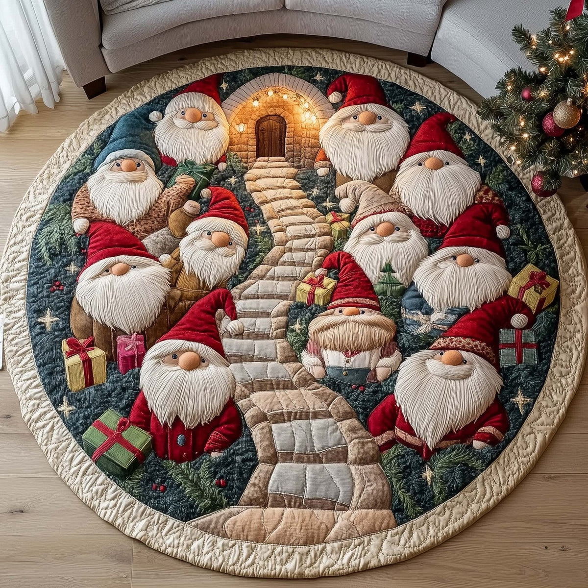 Holiday Gnomes Christmas Round Mat Rug - Non-Slip Washable Round Area Rug for Bedroom & Living Room (Design 6)