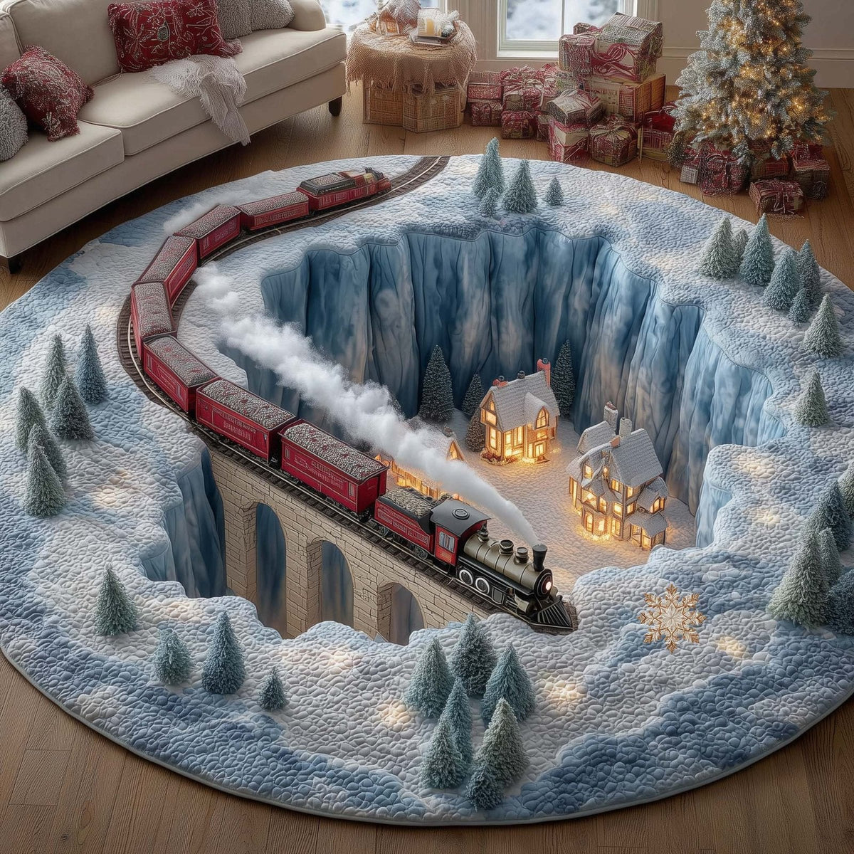 Holiday Locomotive Christmas Round Mat Rug - Non-Slip Washable Round Area Rug for Bedroom & Living Room (Design 7)