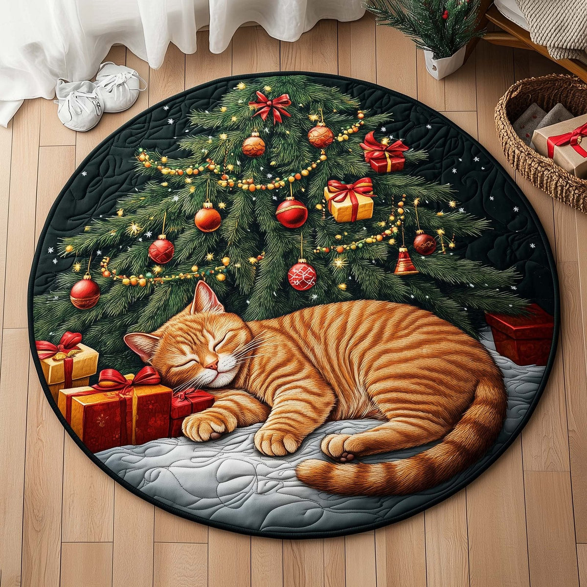 Holiday Paws Christmas Round Mat Rug - Non-Slip Washable Round Area Rug for Bedroom & Living Room (Design 4)