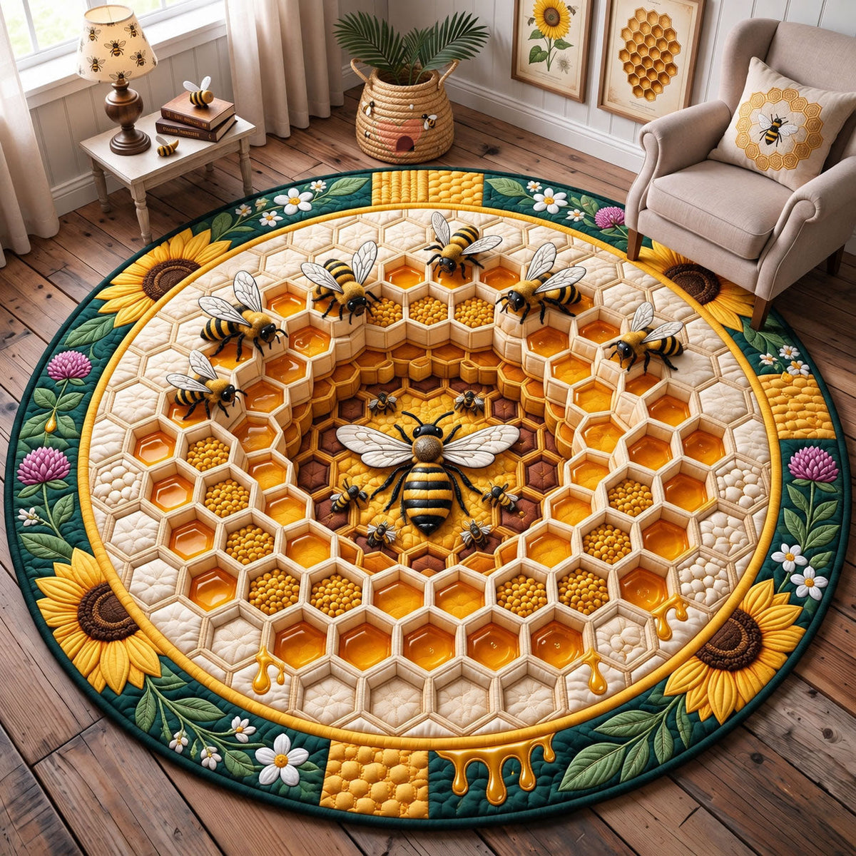 Honeybee Garden Round Mat Rug - Cute Animal Design | Charming Home Decor