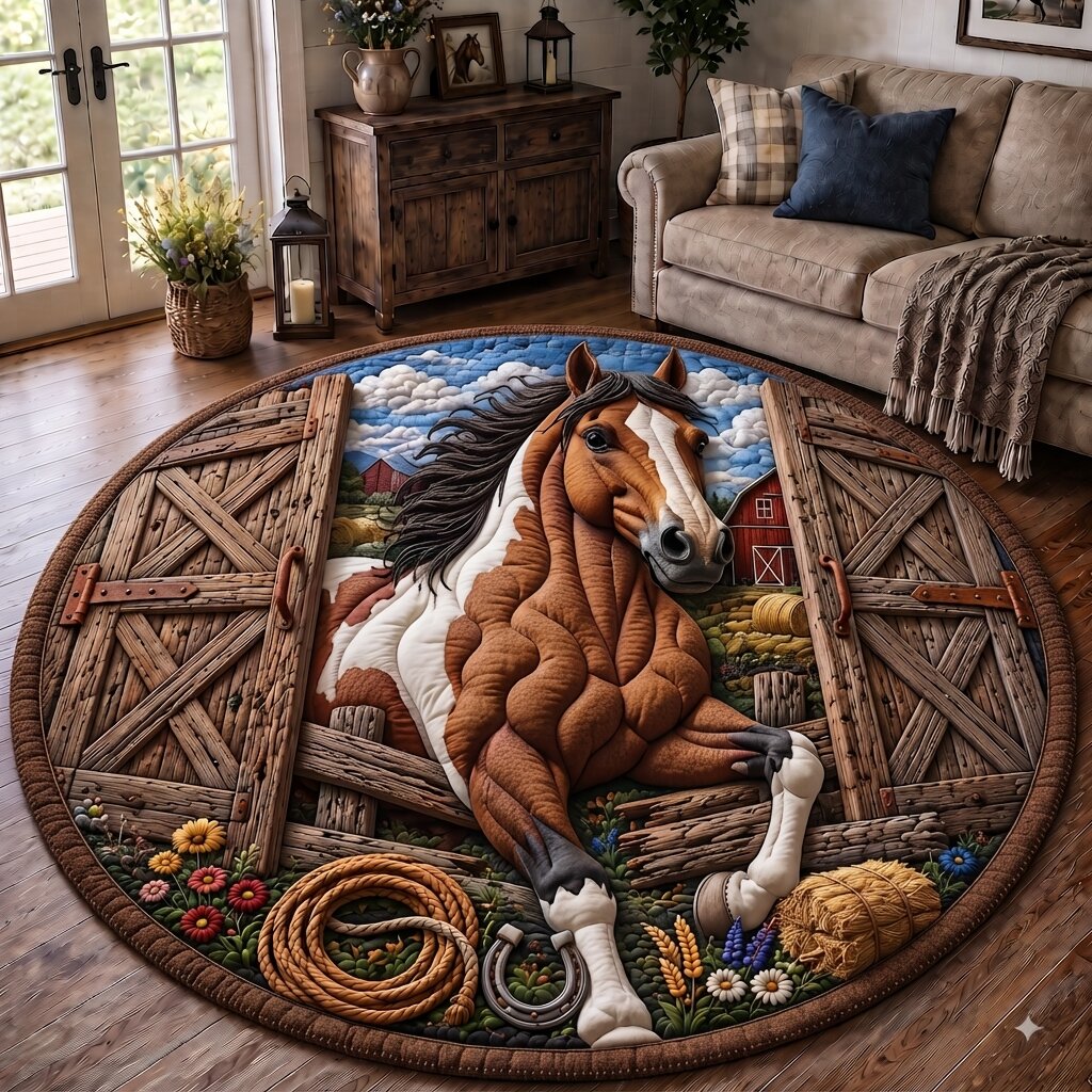 Horse Trails Round Mat Rug - Cute Animal Design | Charming Home Decor