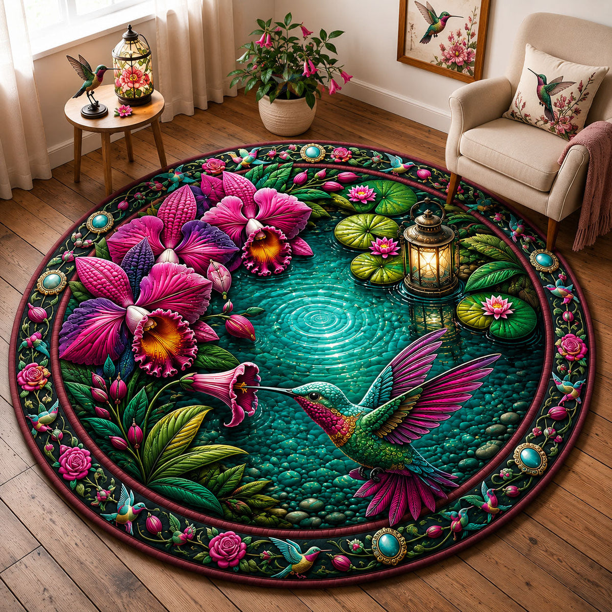 Hummingbird Orchid Garden Round Mat Rug - Cute Animal Design | Charming Home Decor