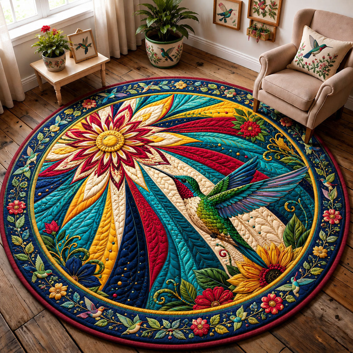 Hummingbird Sunburst Garden Round Mat Rug - Cute Animal Design | Charming Home Decor
