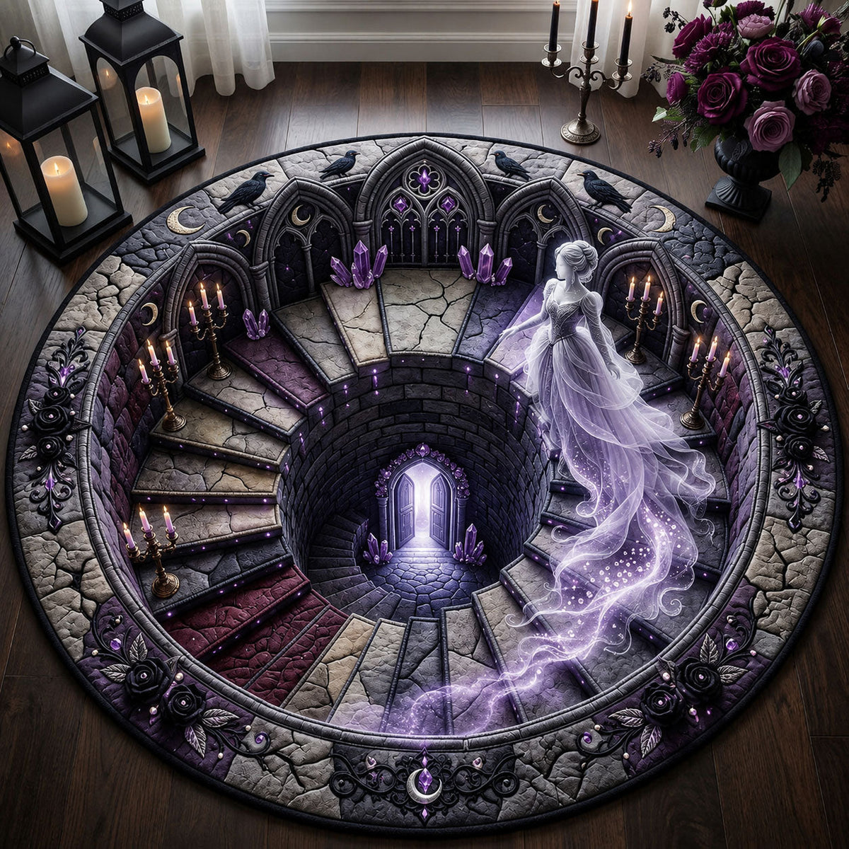 Jeweled Haunted Staircase Round Mat Rug - Nature Design | Serene Home Decor