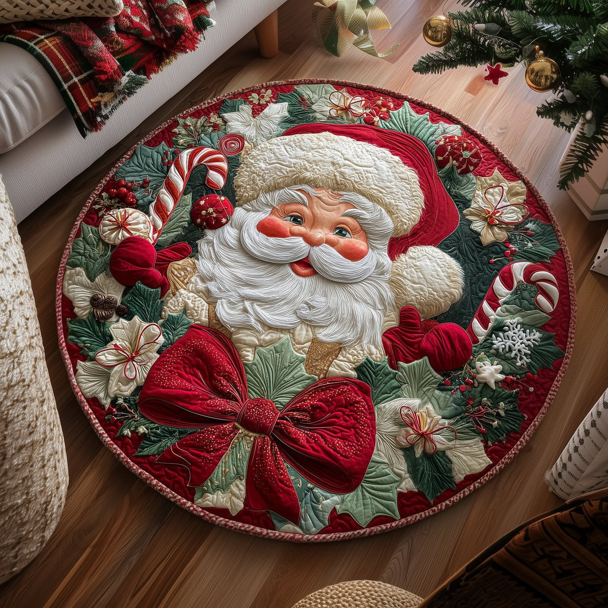 Jolly Santa Christmas Round Mat Rug - Non-Slip Washable Round Area Rug for Bedroom & Living Room (Design 13)