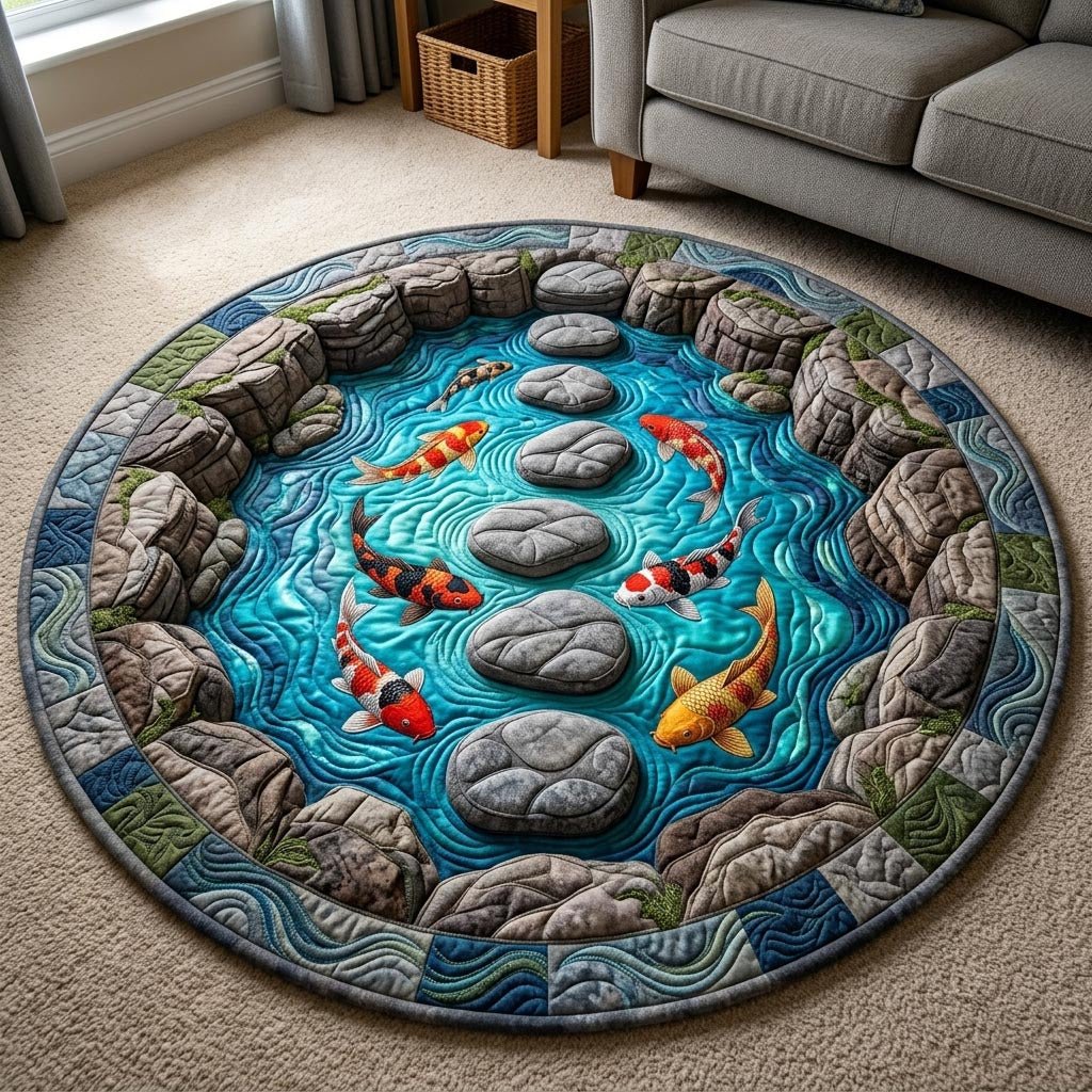 Koi Fish Pond Round Mat Rug - Nature Design | Serene Home Decor (Design 5)