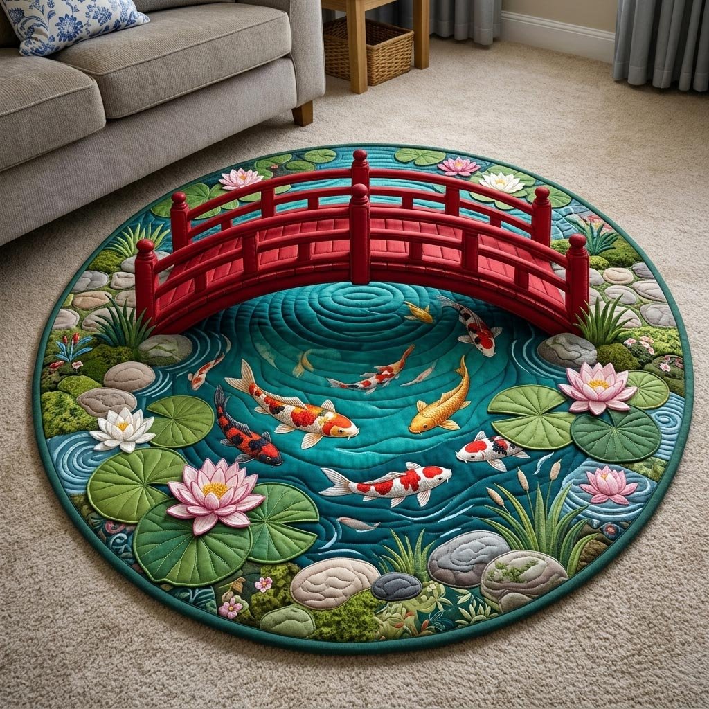 Koi Fish Pond Round Mat Rug - Nature Design | Serene Home Decor (Design 2)