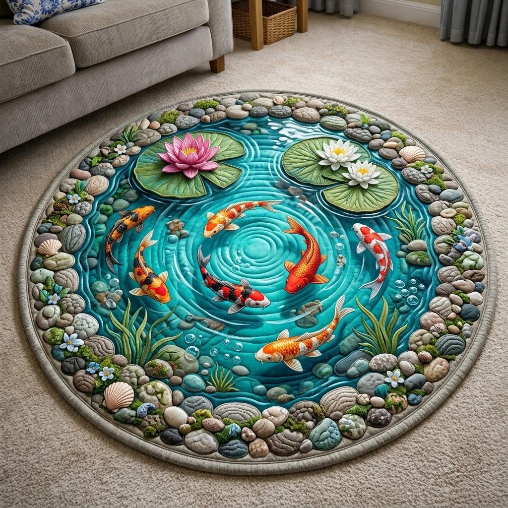 Koi Fish Pond Round Mat Rug - Nature Design | Serene Home Decor (Design 4)