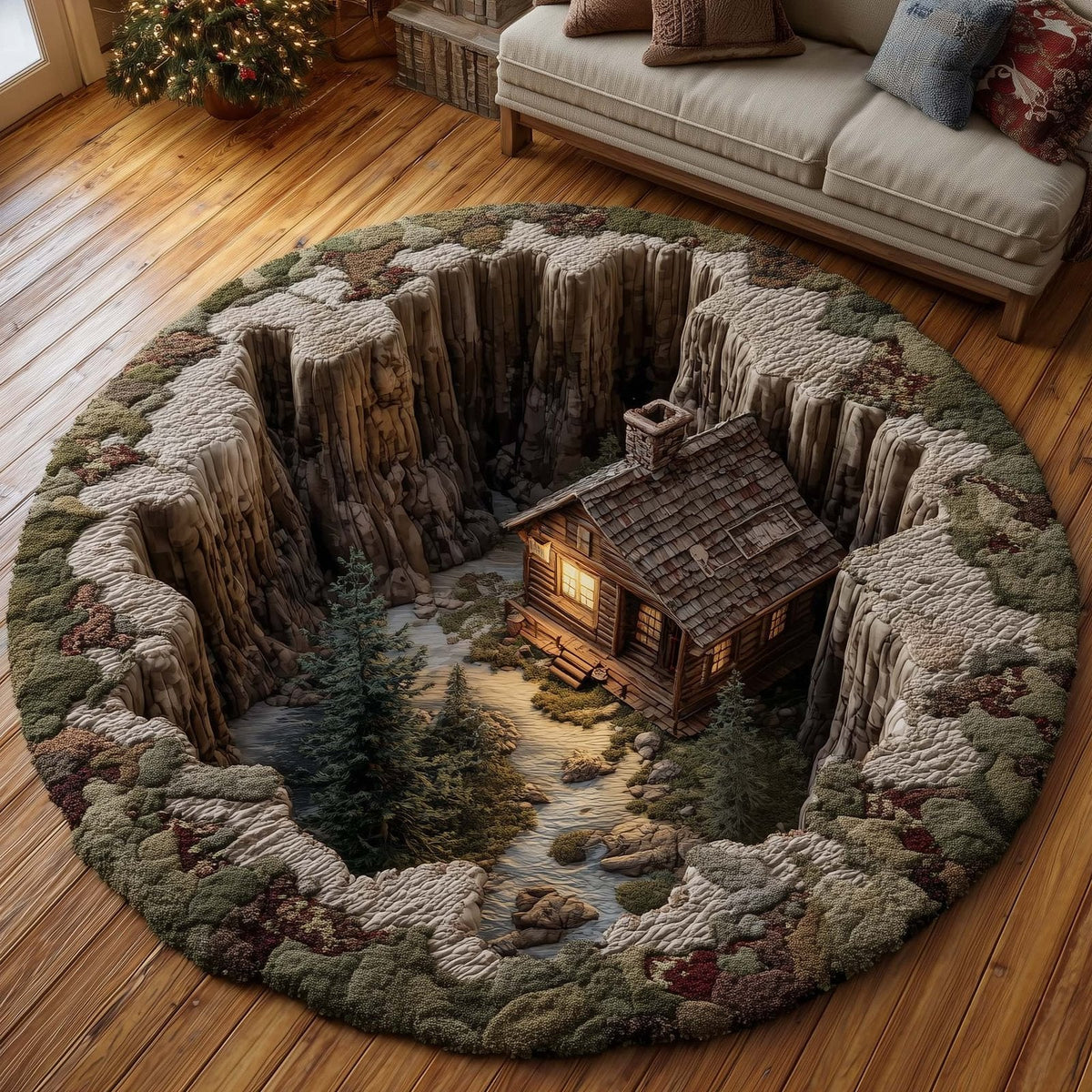 Log Cabin Round Mat Rug - Nature Design | Serene Home Decor (Design 4)