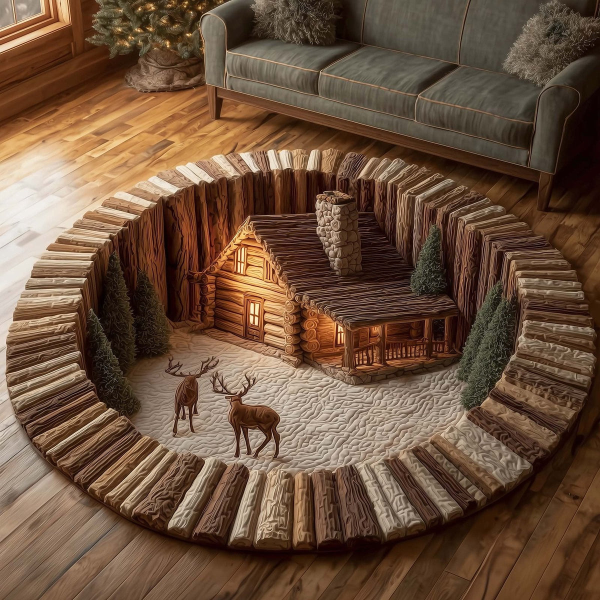 Log Cabin Round Mat Rug - Nature Design | Serene Home Decor (Design 2)
