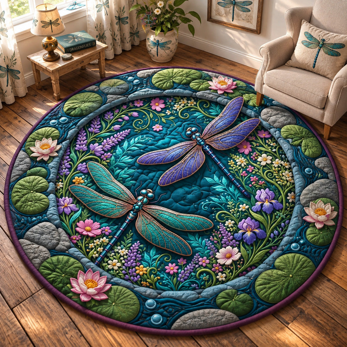 Lotus Dragonfly Pond Round Mat Rug - Cute Animal Design | Charming Home Decor