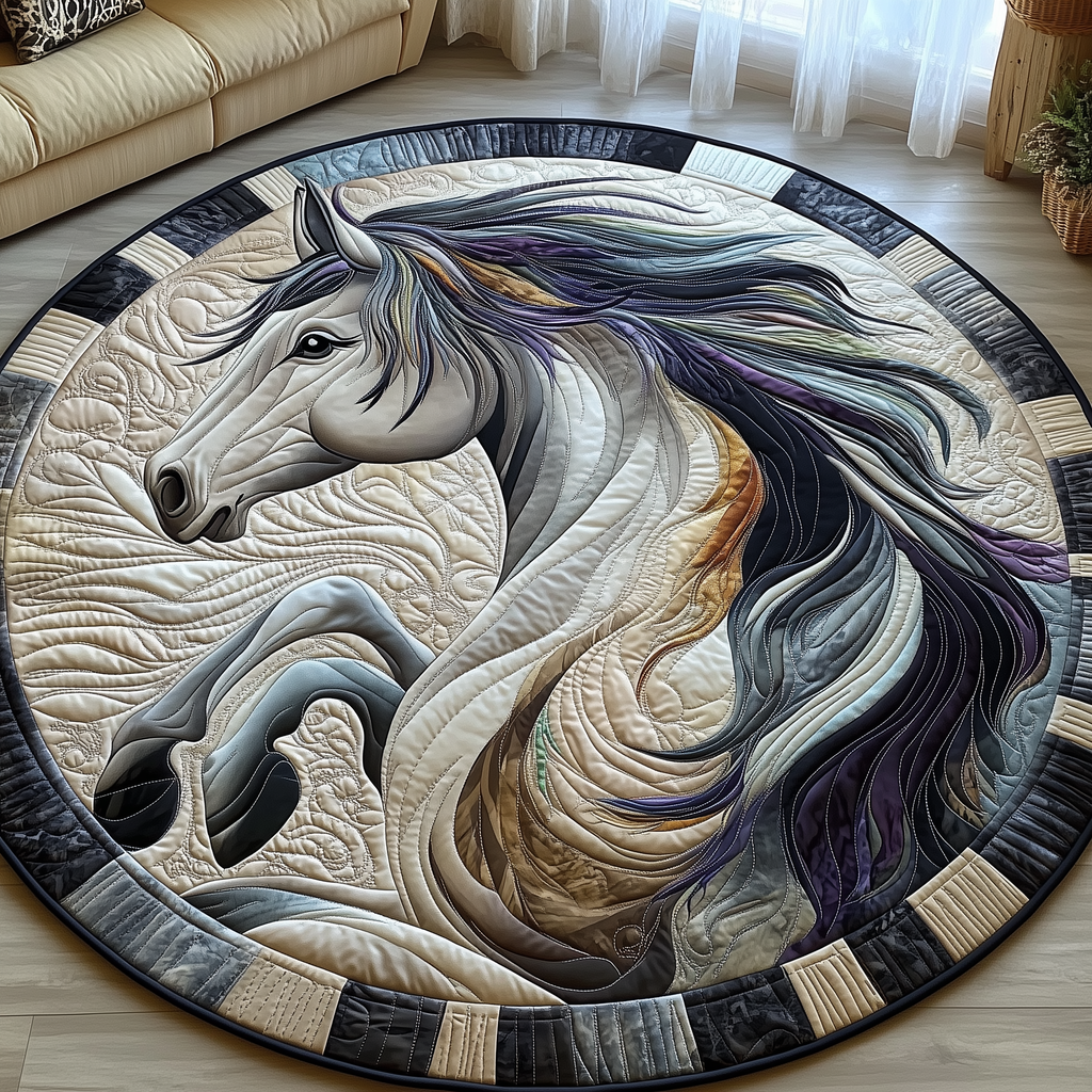 Majestic Horse Round Mat Rug - Non-Slip Washable Round Area Rug for Bedroom & Living Room (Design 14)