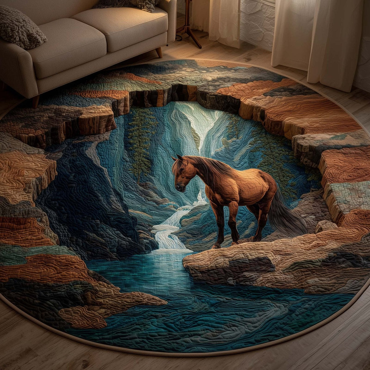 Majestic Horse Round Mat Rug - Non-Slip Washable Round Area Rug for Bedroom & Living Room (Design 13)
