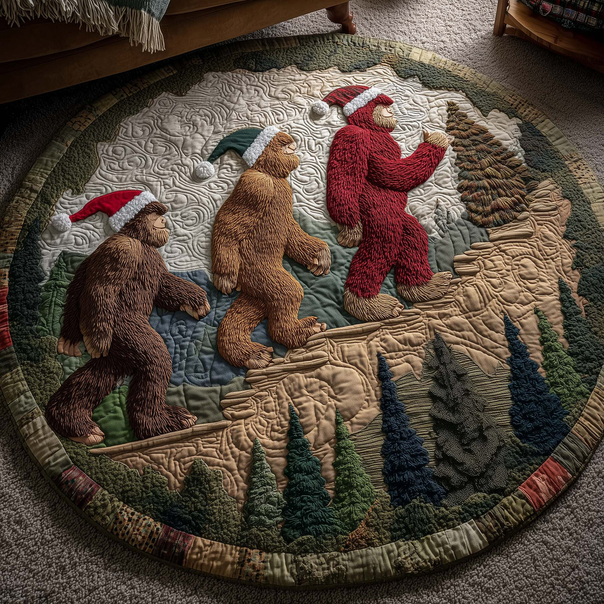 Merry Squatchmas Round Mat Rug - Nature Design | Serene Home Decor (Design 5)