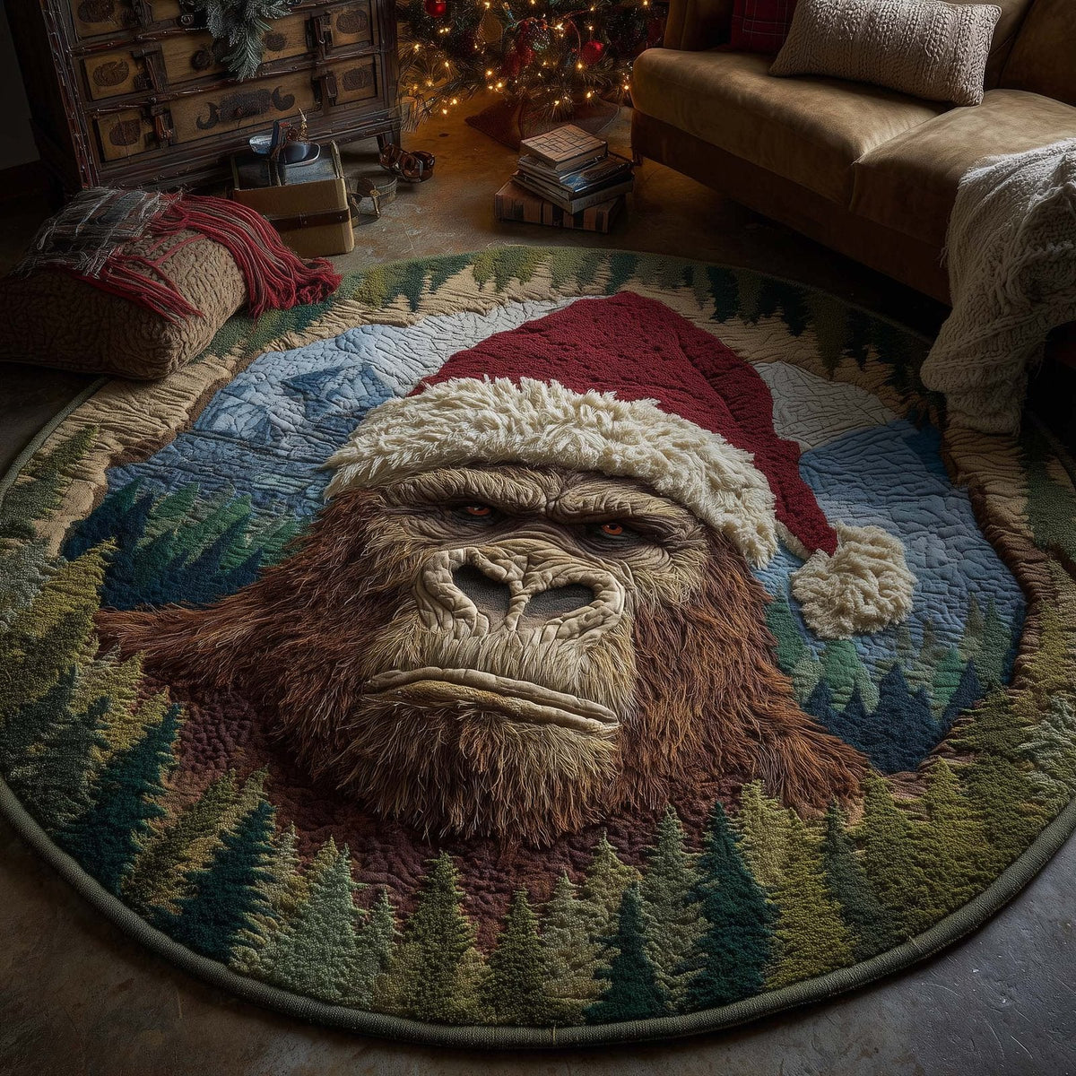 Merry Squatchmas Round Mat Rug - Nature Design | Serene Home Decor (Design 3)