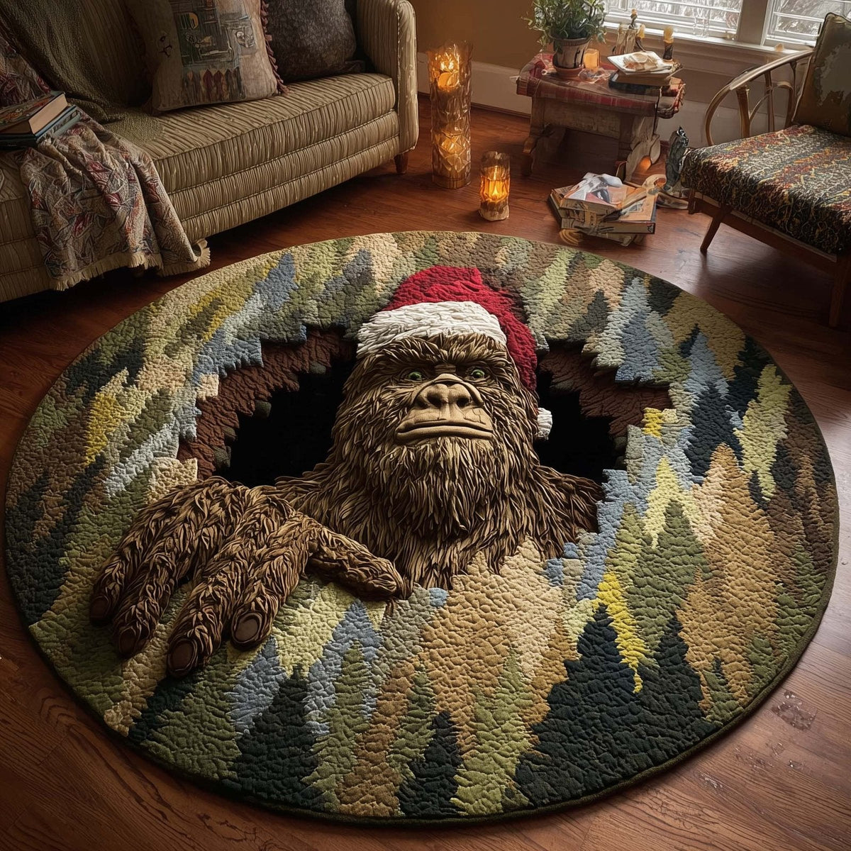 Merry Squatchmas Round Mat Rug - Nature Design | Serene Home Decor (Design 8)