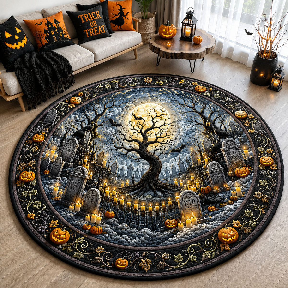 Moonlit Graveyard Round Mat Rug - Nature Design | Serene Home Decor