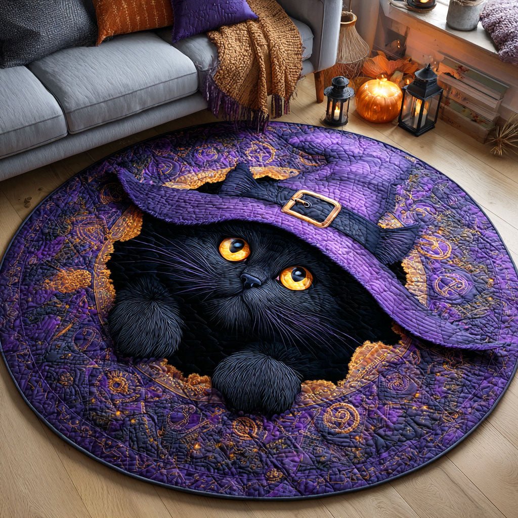 Mystic Black Cat Round Mat Rug - Non-Slip Washable Round Area Rug for Bedroom & Living Room