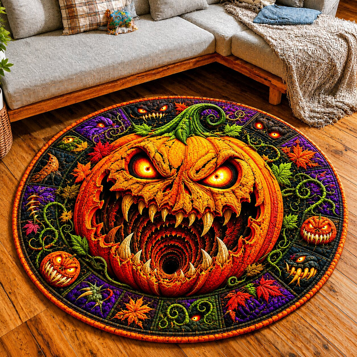 Pumpkin Charm Round Mat Rug - Seasonal Design | Festive Home Decor
