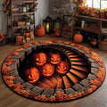 Pumpkin Staircase Illusion Halloween Round Mat Rug - Non-Slip Washable Round Area Rug for Bedroom & Living Room